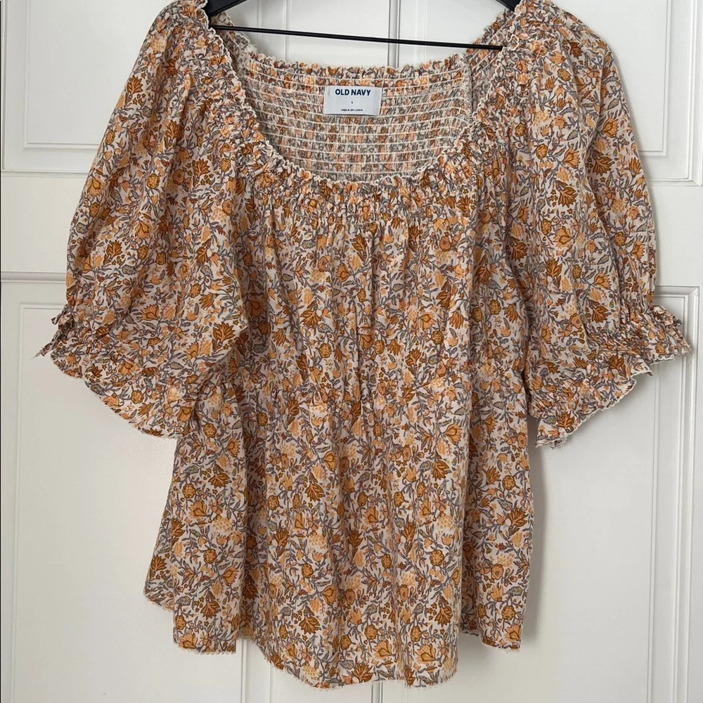 OLD NAVY Peasant Smocked Puff-Sleeve Peplum Blouse Multi Ditsy Orange/Cream L